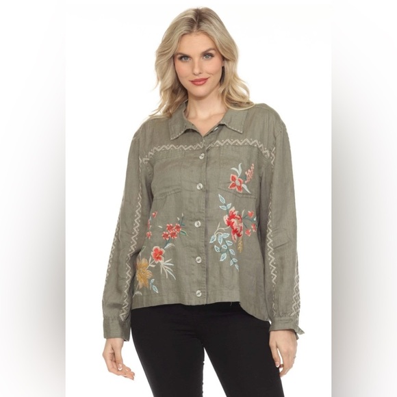 Johnny Was Tops - Johnny Was Andrean Relaxed Linen Embroidered Jacket Blouse Olive Green Sz M